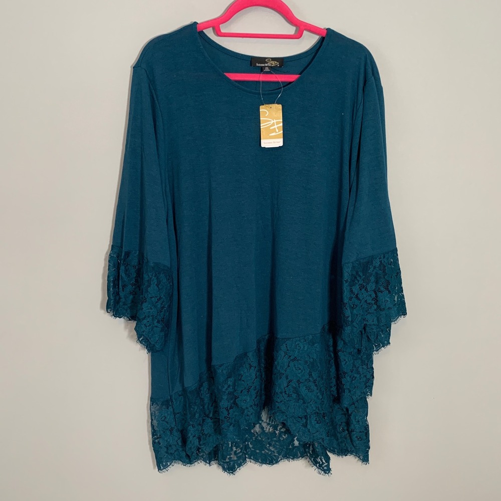 NEW Suzanne‎ Betro 4X Teal Lace Trim Tunic Top Women's Long Sleeve Casual